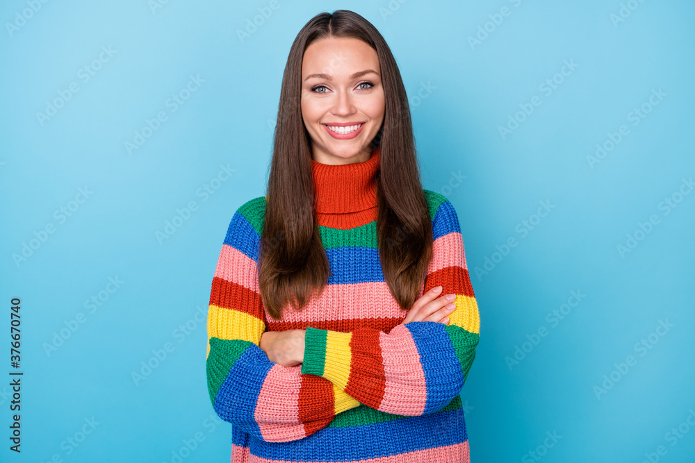 Portrait of positive cheerful girl cross hands ready decide decision choose choice work solution wear rainbow style pullover isolated over blue color background Portrait of positive cheerful girl cross hands ready decide decision choose choice work solution wear rainbow style pullover isolated over blue color background