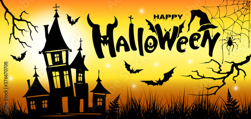 Happy halloween festive banner on orange background. Halloween card.