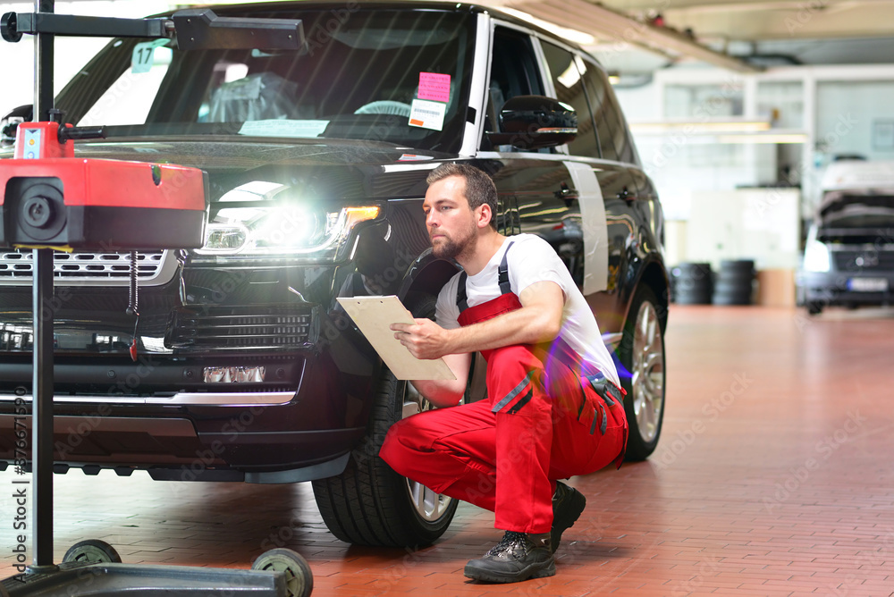 car repair shop - worker checks and adjusts the headlights of a car's ...