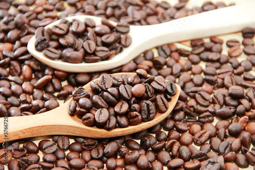 natural black coffee beans in a wooden spoon