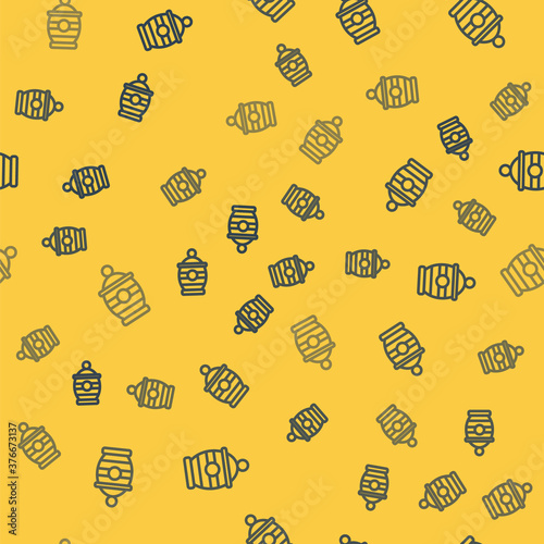 Blue line Funeral urn icon isolated seamless pattern on yellow background. Cremation and burial containers, columbarium vases, jars and pots with ashes. Vector.