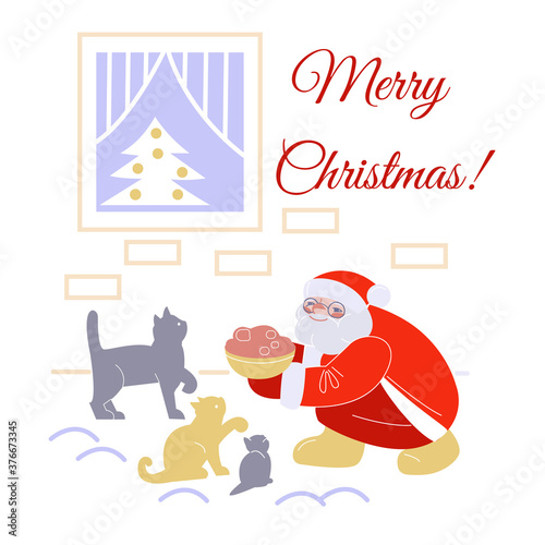 Santa Claus feeds homeless animals. Inscription Merry Christmas. Vector illustration.