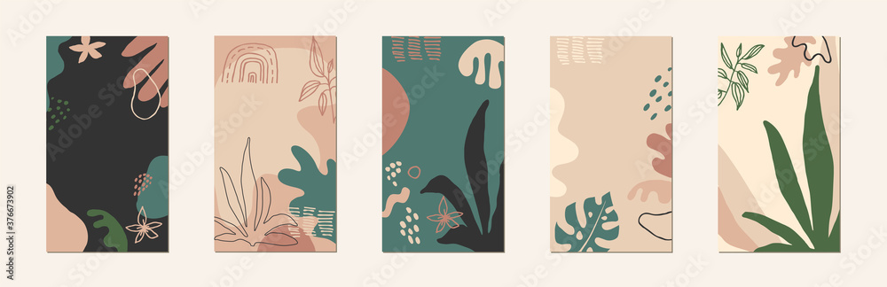 Edtable artistic templates for social media marketing with phone screen proportions. Fluid organic shapes in neutral colors. Insta stories templates. Floral vector EPS10 illustration