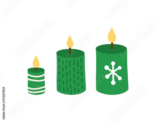 set of Christmas candles. Three green candles are decorated with red and white stars, stripes and dots. cartoon vector illustration isolated on white background.