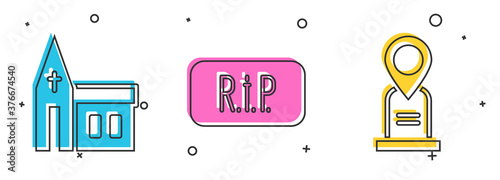 Set Church building, Speech bubble rip death and Location grave icon. Vector.