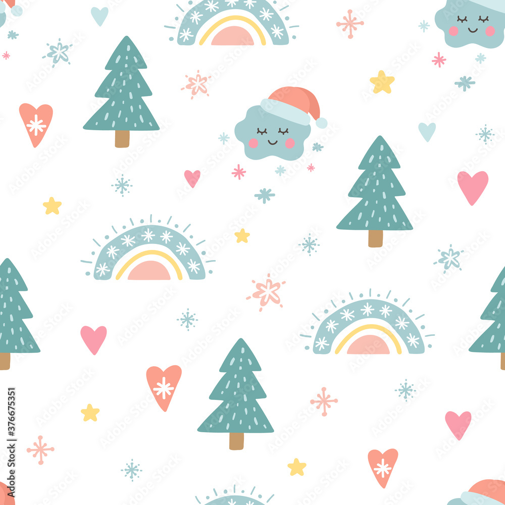 Christmas seamless pattern with cute funny characters. Unique decoration with rainbow, christmas tree, clouds, snowflakes, santa hat, sun and balls. Trendy Holiday design element. Vector illustration
