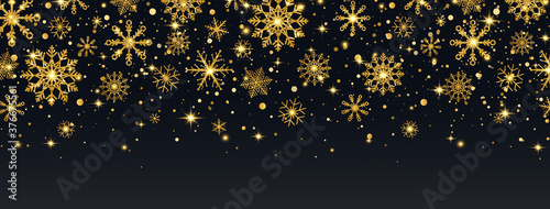 Gold glitter snowflakes falling on dark background. Holiday ornament with golden snowflake, stars, glowing lights. Luxury Christmas garland border. Winter decoration long banner. Vector illustration
