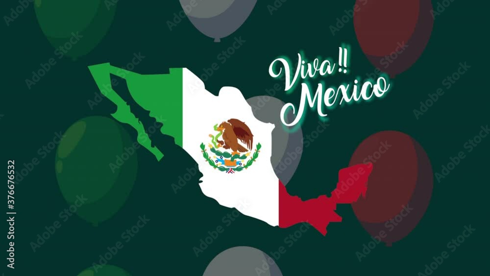 viva mexico celebration animation with lettering and mexican flag in map