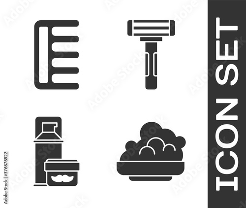 Set Shaving gel foam, Hairbrush, Shaving gel foam and Shaving razor icon. Vector.
