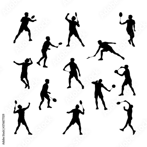 Badminton. Set of silhouettes of playing men. Vector illustration.