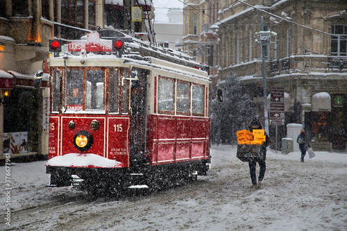 Canvas Print Beyoğlu - Eylül/ 01/2017:  View of a red tram in Taksim, Istanbul
