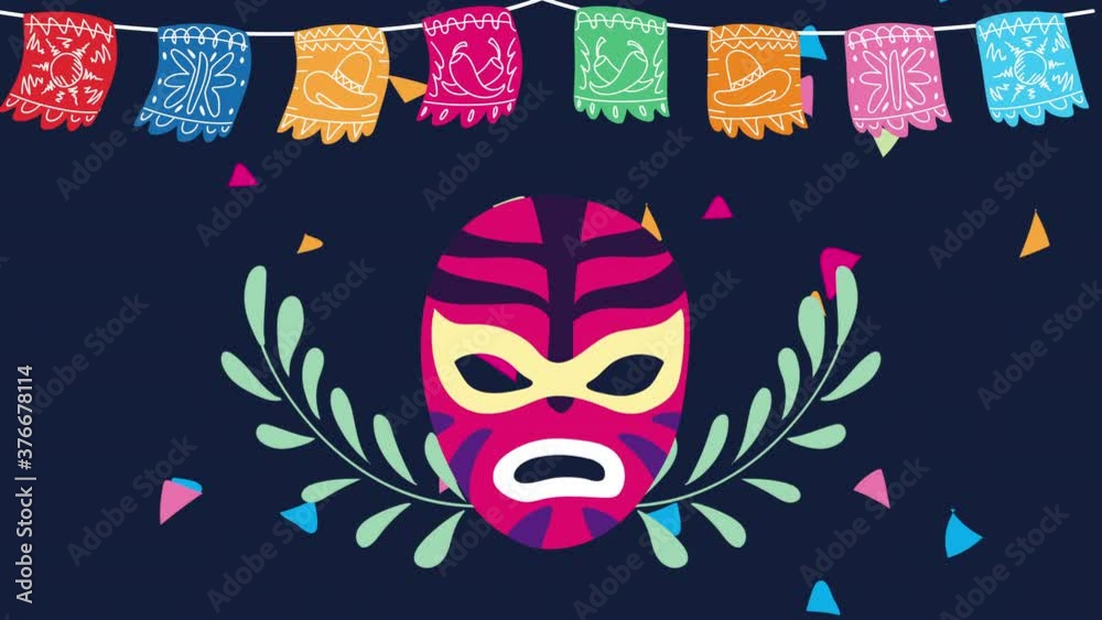 mexico celebration animation with luchador mask and garlands