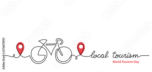 Local tourism simple web banner ,background, poster with pinpoint icon and bicycle. Vector minimalist background. One continuous line drawing with lettering local tourism.