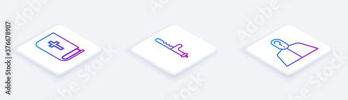 Set Isometric line Holy bible book, Police rubber baton and Anonymous with question mark. White square button. Vector.