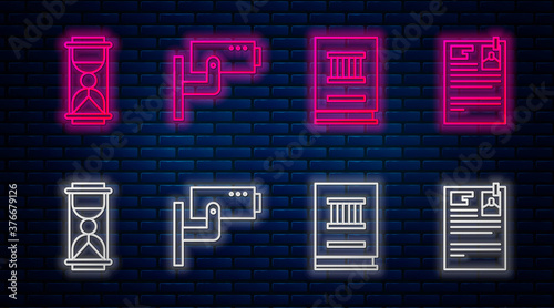 Set line Security camera, Law book, Old hourglass with sand and Lawsuit paper. Glowing neon icon on brick wall. Vector.