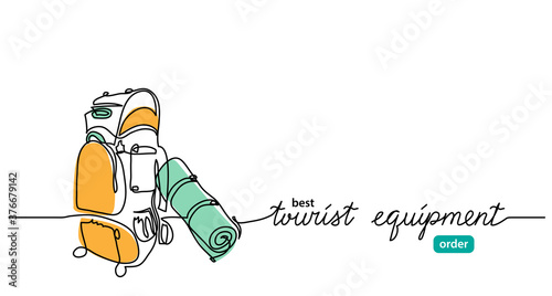 Tourist equipment minimal web banner ,background, poster with camping backpack. Vector minimalist background. One continuous line drawing with lettering tourist equipment.