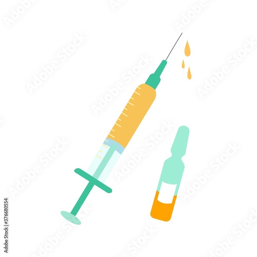 Vector illustration with syringe and vaccine in a bottle. Flat style. Coronavirus and flu protection.