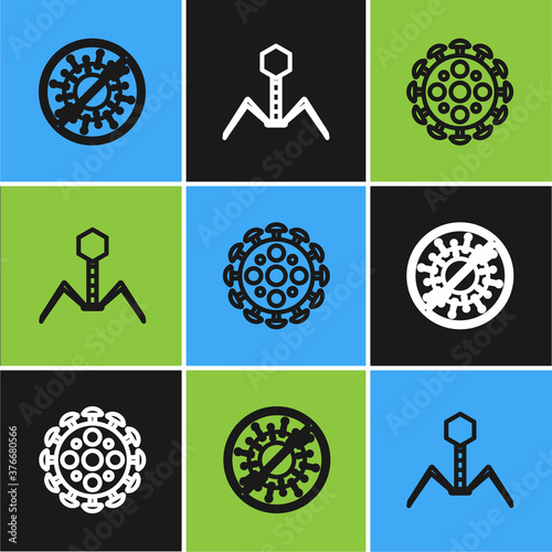 Set line Stop virus, Virus and Bacteria bacteriophage icon. Vector.