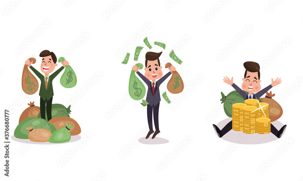 Rich Businessman Character Sitting on Money Bags Vector Illustration Set Rich Businessman Character Sitting on Money Bags Vector Illustration Set