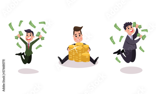 Rich Businessman Character Holding Banknotes and Jumping with Joy Vector Illustration Set