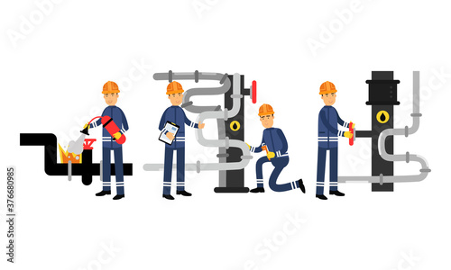 Male Characters Fixing Pipeline in Petroleum Industry Vector Illustration Set