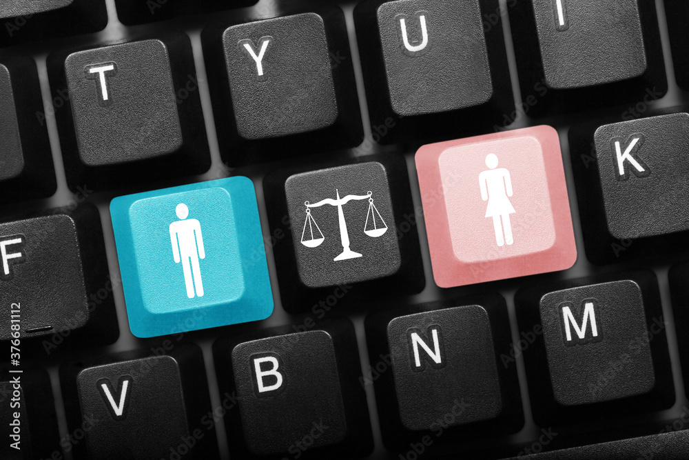 Three keys conceptual keyboard - Man and Woman symbols keys with scales symbol