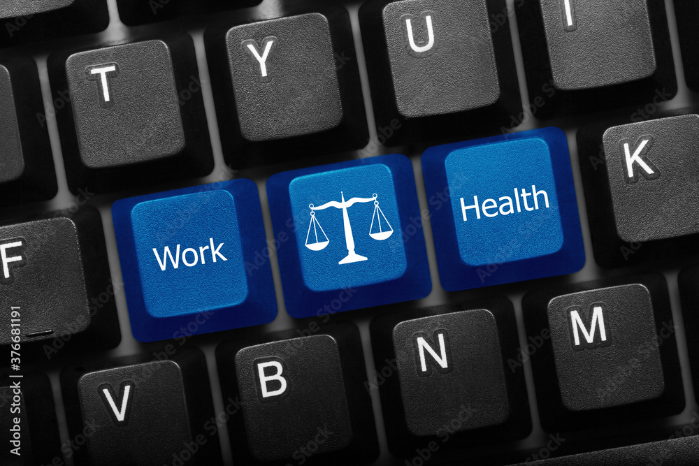 Three keys conceptual keyboard - Work and Health keys with scales symbol Three keys conceptual keyboard - Work and Health keys with scales symbol