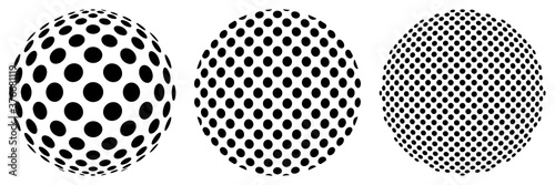 Set of balls of optical illusion. Spheres from different angles. Sphere with circle structure. Vector. Black and white.