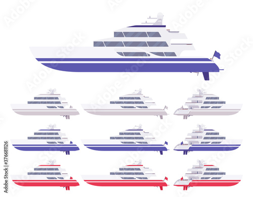 Yacht set, blue, white, red luxury boat for sea cruising, ocean racing adventure. Engine marine vessel to enjoy romantic sailing or travelling. Vector flat style cartoon illustration, different views