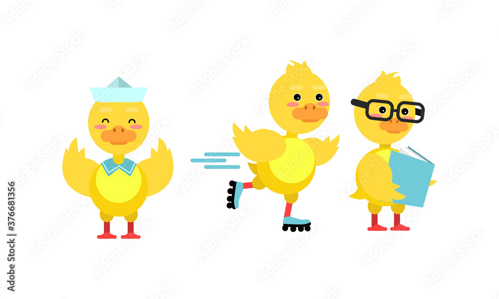 Funny Yellow Duckling Reading Book and Roller Skating Vector Set