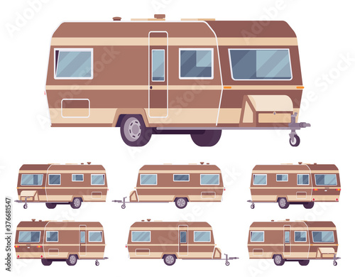 RV vintage style camper, travel trailer for outdoor adventures. Functional vacation van, camping experience and caravanning family lifestyle. Vector flat style cartoon illustration, different views