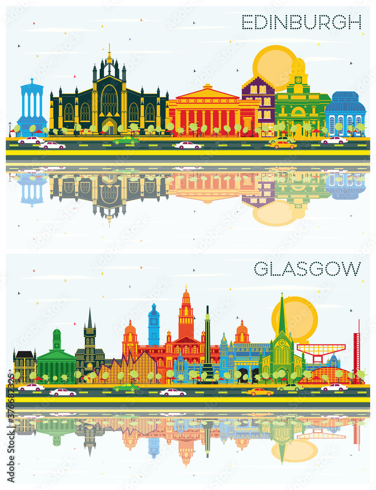 Glasgow and Edinburgh Scotland City Skylines Set with Color Buildings, Blue Sky and Reflections.