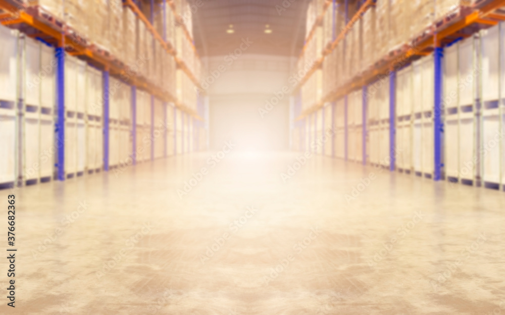 Blurred a large warehouse storage. Cargo shipment, Commercial warehousing, Logistics and  transportation business background.