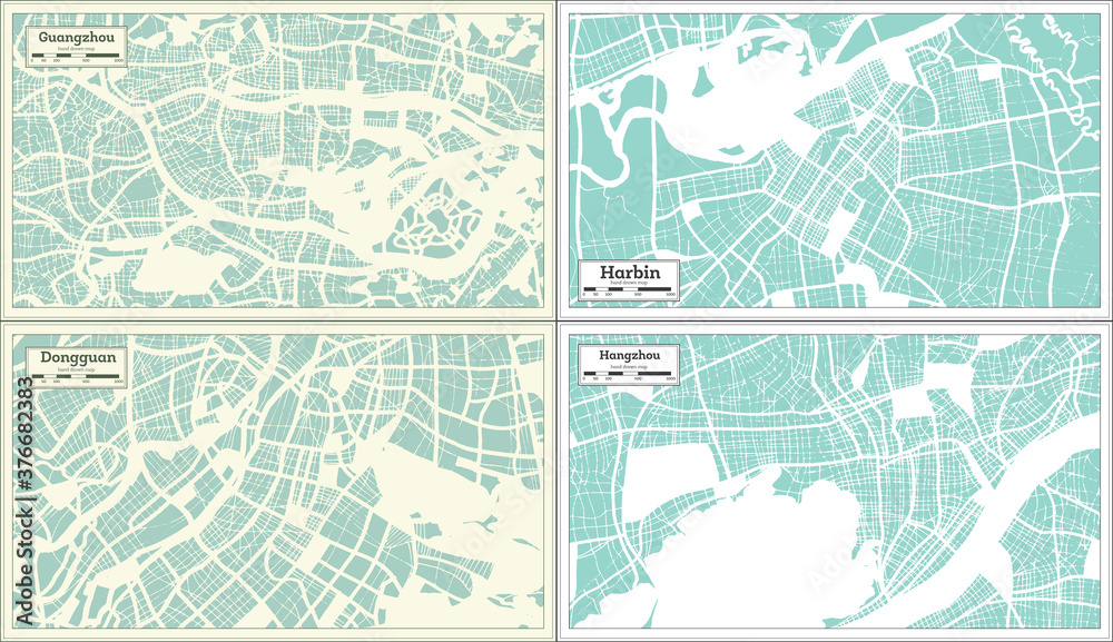 Harbin, Dongguan, Hangzhou and Guangzhou China City Maps Set in Retro Style.