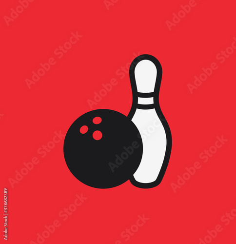 Bowling ball and pin icon. Bowling pins with ball icon. Bowling game. Simple icon skittles with ball. Logo template. Bowling club, tournaments. Sport icon.