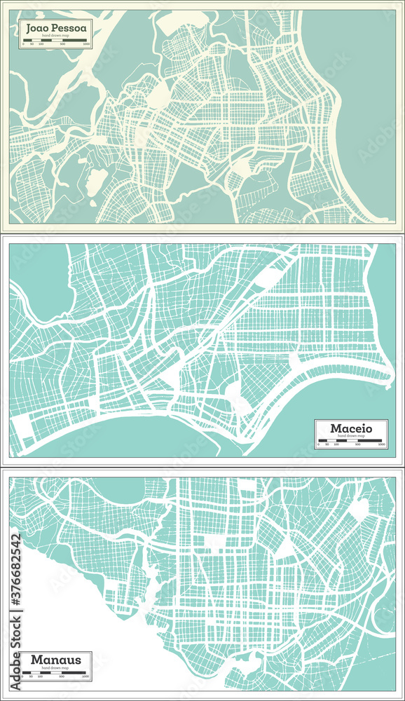 Manaus, Maceio, Joao Pessoa Brazil City Maps Set in Retro Style.