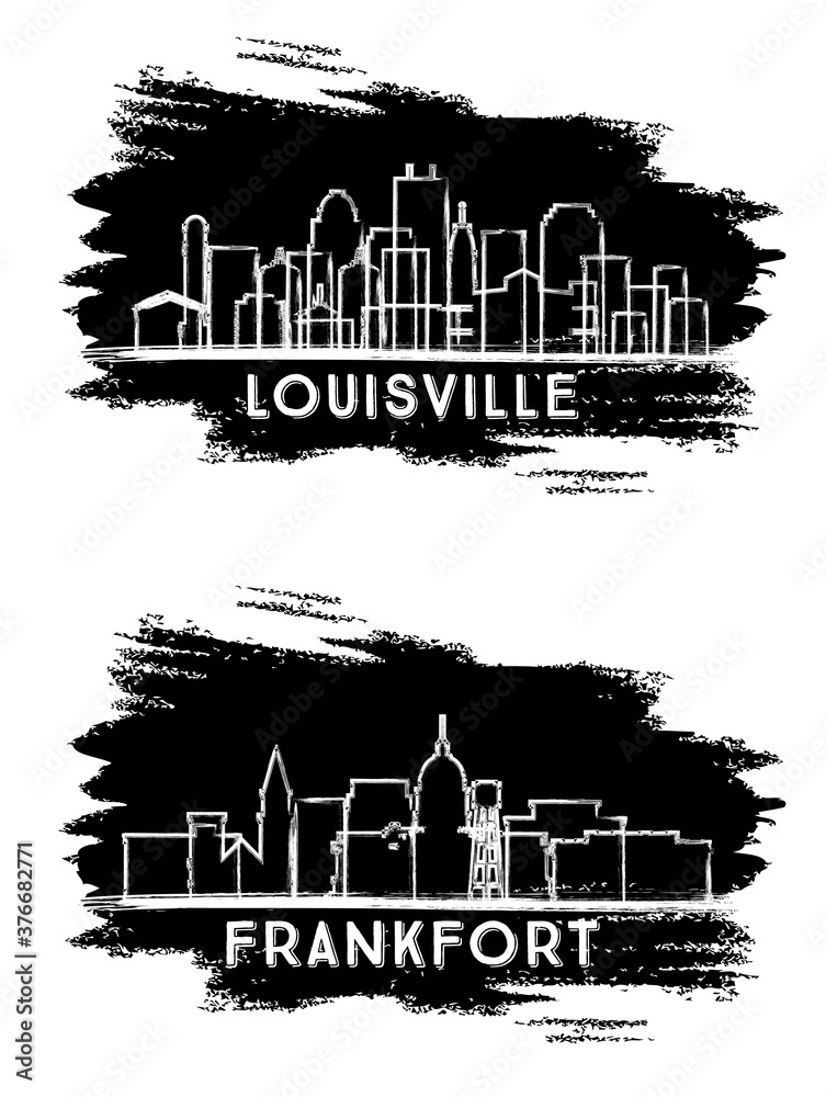 Frankfort and Louisville Kentucky USA City Skyline Silhouettes Set. Hand Drawn Sketch.