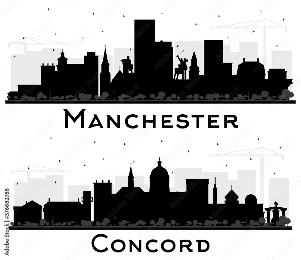 Concord and Manchester New Hampshire City Skyline Silhouettes Set with Black Buildings Isolated on White.