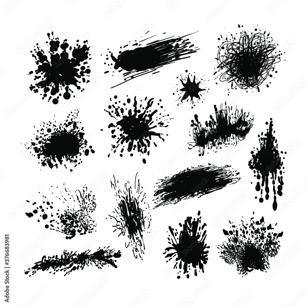 Fototapeta premium Vector set of black ink splashes, paint splatters isolated on white background, flat silhouettes collection. 