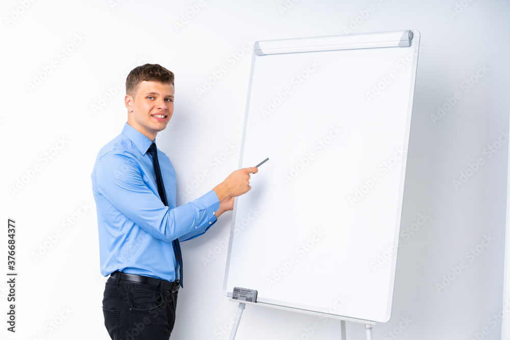 Young businessman giving a presentation on white board giving a presentation on white board Young businessman giving a presentation on white board giving a presentation on white board