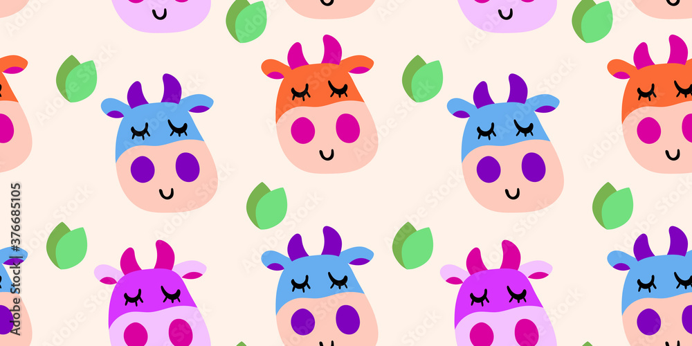 Fototapeta premium Vector smiling cow pattern in flat bright cartoon style with grass leaves on a white background. Seamless cute design in for textile prints, wrapping paper, milk packages etc.