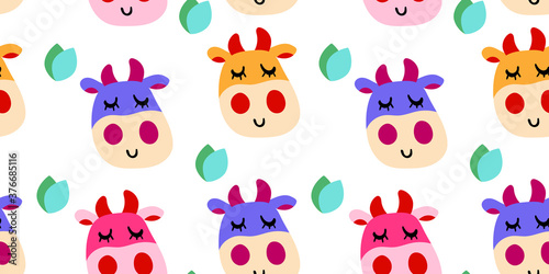 Vector smiling cow pattern in flat bright cartoon style with grass leaves on a white background. Seamless cute design in for textile prints, wrapping paper, milk packages etc.