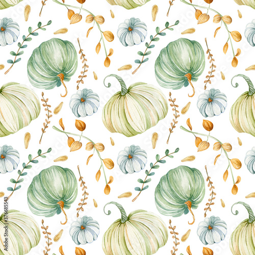 Seamless watercolor pattern with green  white pumpkins and autumn leaves. Design for wrapping paper decoration  background