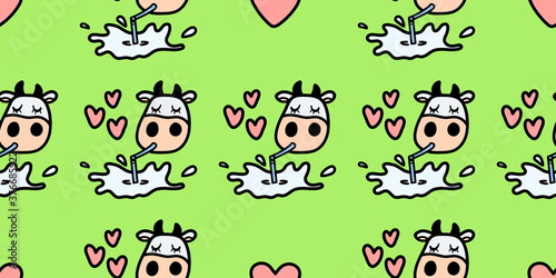 Vector pattern with cow drinking tasty milk. Seamless design in line doodle style for textile prints, funny wrapping paper, milk packages etc.