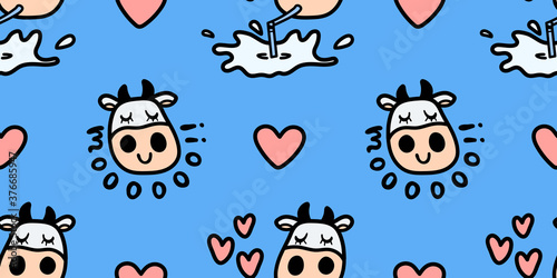 Vector smiling cow pattern with MOO lettering and hearts on a blue background. Seamless design line style, black outline colorful illustration for textile prints, wrapping paper, milk packages etc.