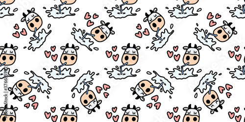 Vector pattern with cow drinking tasty milk. Seamless design in line doodle style for textile prints, funny wrapping paper, milk packages etc.