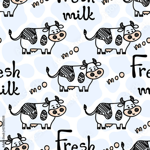 Vector smiling standing cow pattern on a spot background with Fresh milk and Moo lettering. Seamless, sketch doodle or marker style with outline. For textile prints, wrapping paper, milk packages etc.