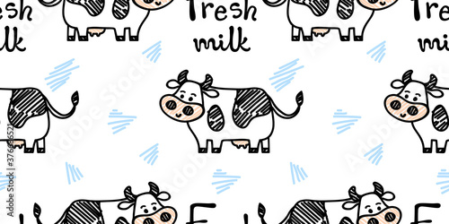 Vector smiling standing cow pattern with Fresh milk lettering. Seamless cute design in sketch doodle or marker style with outline. For textile prints, wrapping paper, milk packages etc.