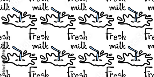 Vector pattern with Fresh milk lettering and straw in cow milk splash and drops on a white background. Seamless design, line doodle style for textile prints, funny wrapping paper, packages etc.