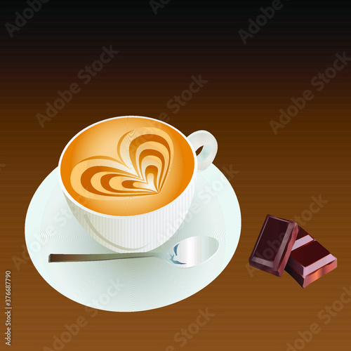 Coffee with a foam heart pattern and a dark chocolate bar. A white Cup with a teaspoon in a saucer. Cappuccino